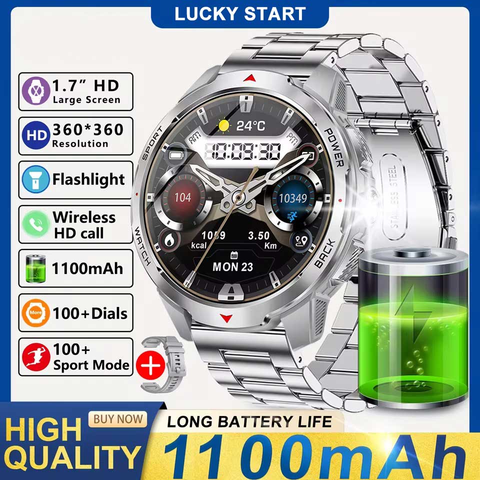 2025 New 1.7-inch Smart Watch Men 1100mAh High-Capacity Battery LED Torch & Compass 3ATM & IP68 Bluetooth Call Sports Smartwatch