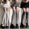 Y2k New Women Flower Lace Fishnet Thigh High Stockings Japanese Style JK Girl Sweet Lace Trim Frilly Over Knee Long Socks