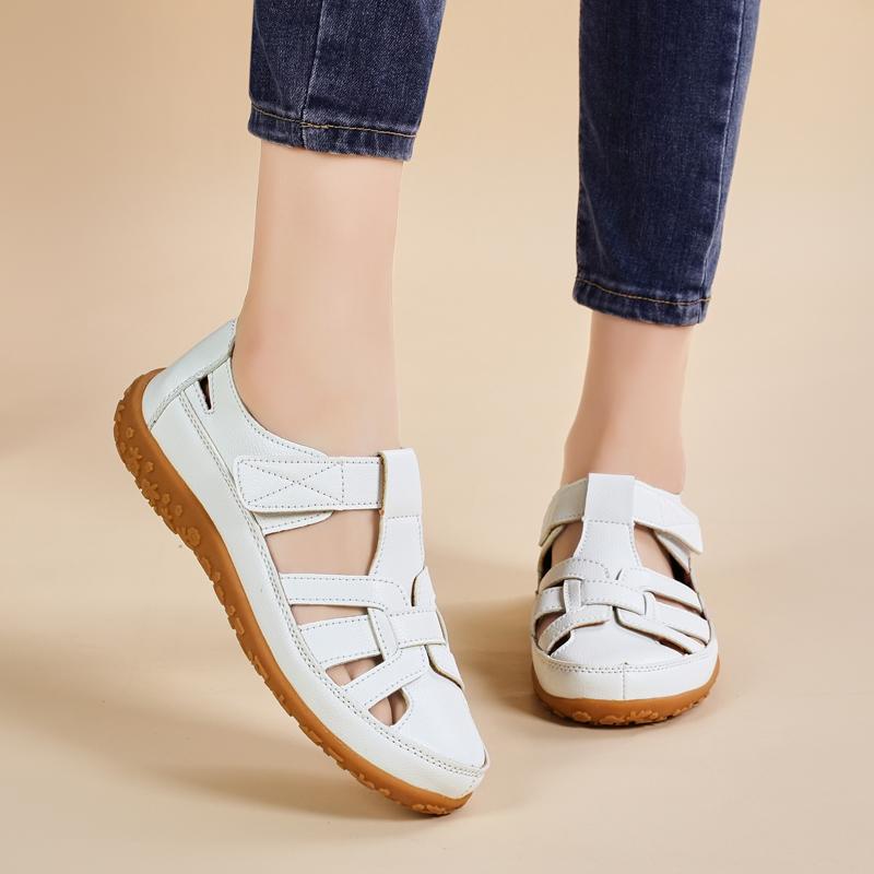 Fashion Women's Casual Sandals Summer Breathable Genuine Leather Flat Shoes Comfortable Round Toe Soft Soled Outdoor Shoes Zapatos