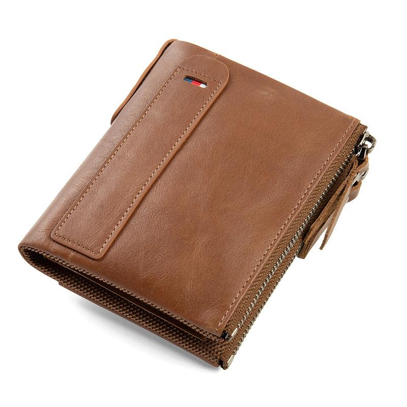 Portfel ze skóry licowej woskowanej z blokadą RFID – wielofunkcyjny, składany na pół, o dużej pojemności, z kieszenią na monety zapinaną na podwójny zamek błyskawiczny i klipsem na pieniądze