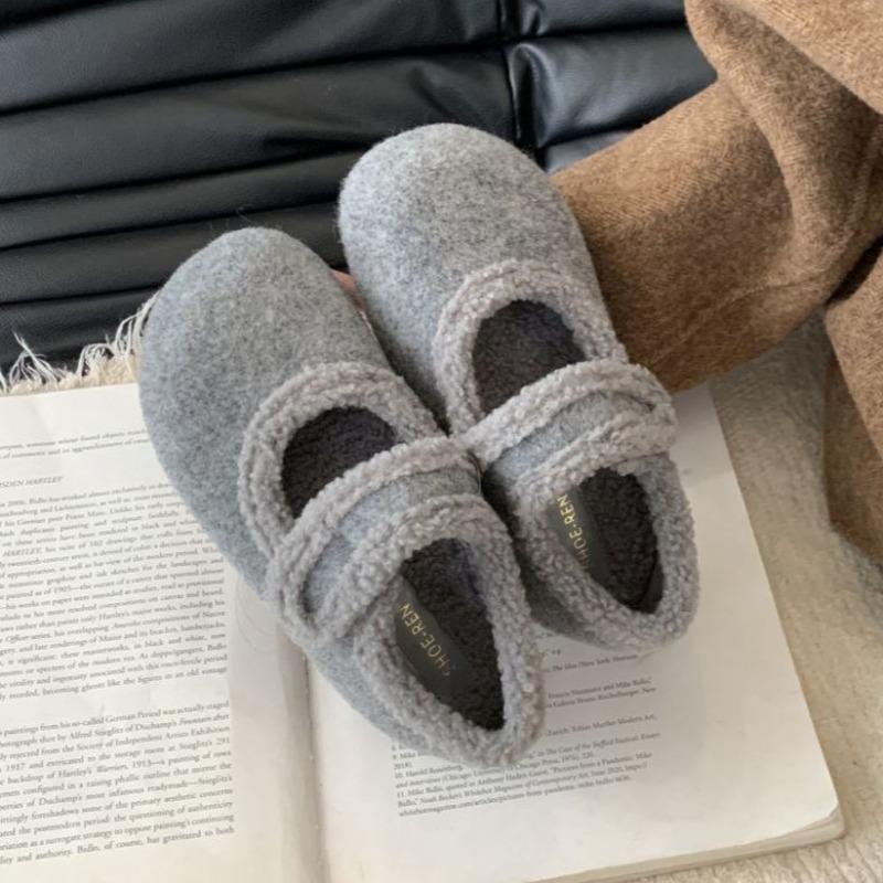 Fashion Thick Soled Fleece Flet Ballet Flats Woman Winter Warm Wool Mary Jane Shoes Ladies Brand Design Elegant Plush Loafers