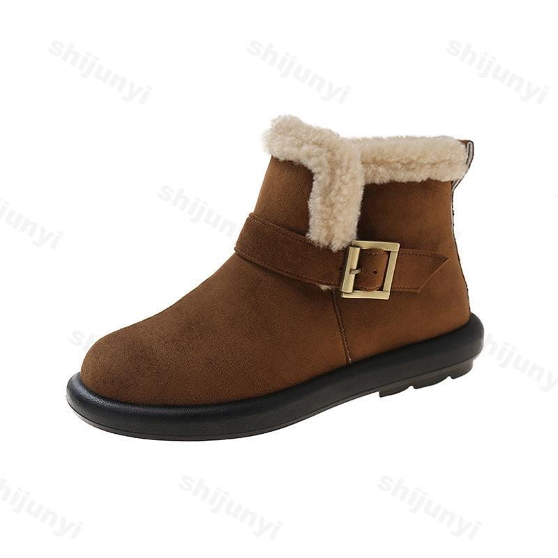 Snöstövel Dam Mocka Bomull Stövlar Varma Dam Ballerinaskor Ny 2025 Vintermode Spänne Plysch Ankelstövlar Promenadsko Dam