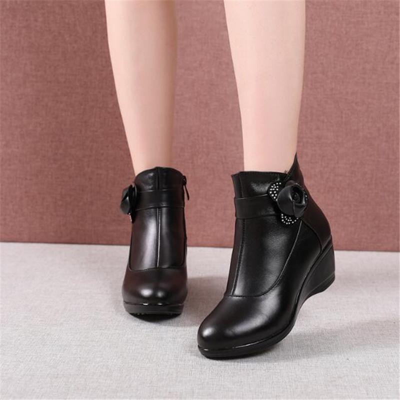 Size 30-43 Women Boots Women Genuine Leather Winter Boots Warm Plush Autumn Shoes Winter Wedge Shoes Woman Ankle Boots