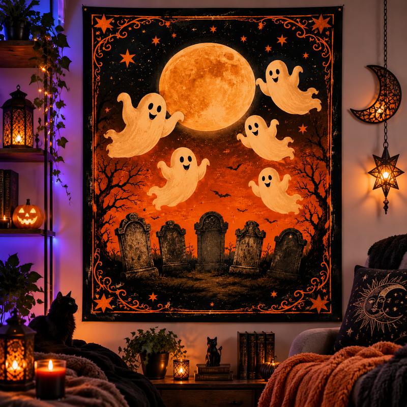 Cute Ghost Halloween Tapestry, Festive Wall Hanging, Mysterious Patterned Tapestry for a Spooky Atmosphere, Home Decor