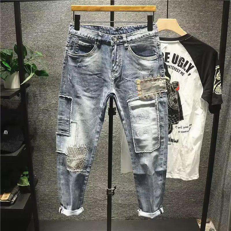 

Men s Korean Style Patchwork Skinny Jeans: Autumn Nine-Point Casual Trend 28 синій
