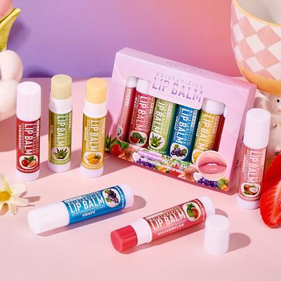 6 ks přírodních balzámů na rty s ovocnou příchutí, bez alkoholu, pro všechny typy pleti, unisex dospělí, příchutě kokos, aloe, jahoda, citron, hrozno, dárková krabička