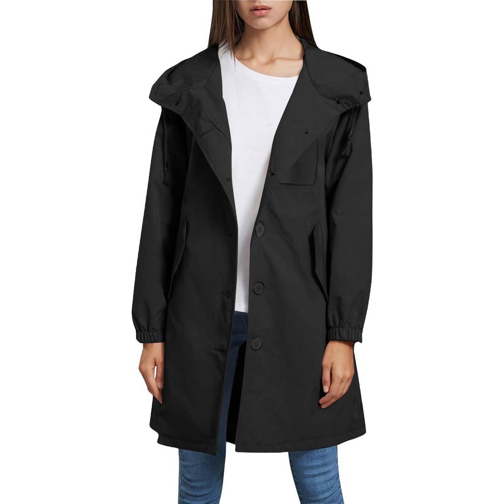 Women Solid Stripe Rain Jacket Outdoor Plus Waterproof Hooded Raincoat Windproof