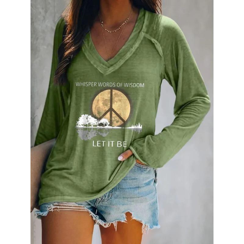 Ilstile Women's Hippie Style Print T-Shirts Long Sleeve V Neck Tops Casual Loose Tees Fashion Female Clothing