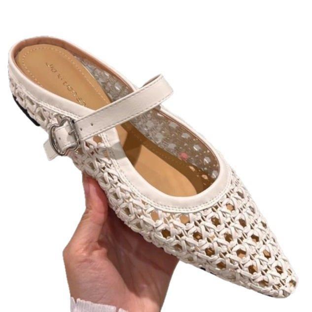 Inner heightening woven bag head half slippers women's summer retro fashion outer wear simple hollow pointed slope with cool slippers