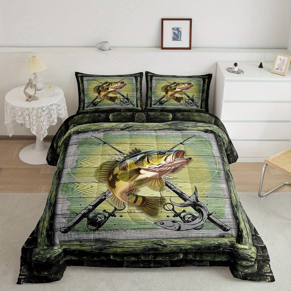 

2/3Pcs Fishing Hunting Comforter Set, Pike Bass Fish Pattern stic Wooden Bedding with Pillowcases, All Season Soft Warm (135x200cm)