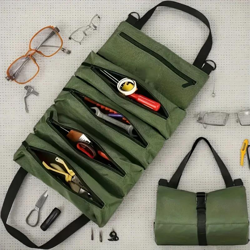 1pc Multi-Purpose Canvas Roll Tool Bag Car Tool Organizer First Aid Kit Storage Wrap Heavy Duty Portable Multiple Zipper Pockets