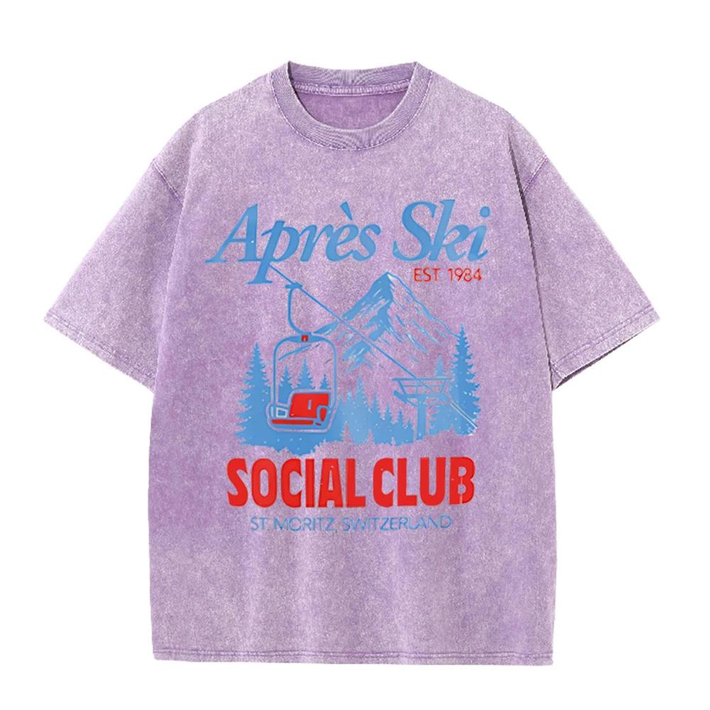 2026 Vintage AprèS Ski Mountain Cable Car Graphic Beige Washed T Shirt St Moritz Switzerland Outdoor Ski Social Club Oversized U