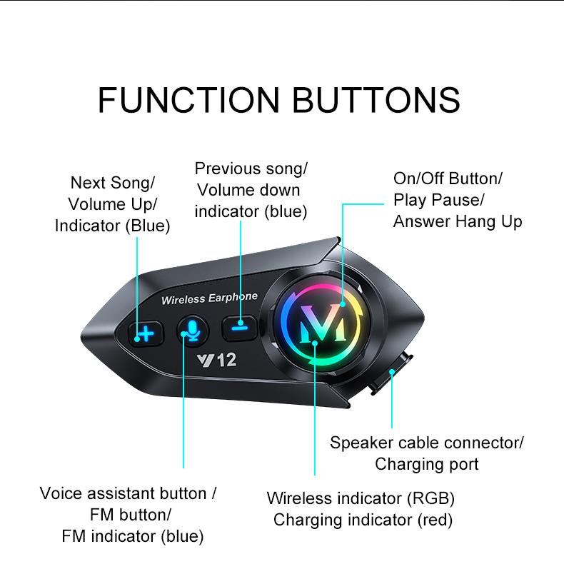 Music Interphone Bluetooth 5.4 Motorcycle Helmet Headset IP65 Waterproof Earphone Wireless Hands-on Talking with Ambient Light
