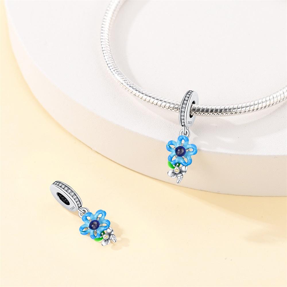 Charms Plata  Blue Flower Beads Fit Original  Bracelets Charms For Women Jewelry Diy Making Gifts