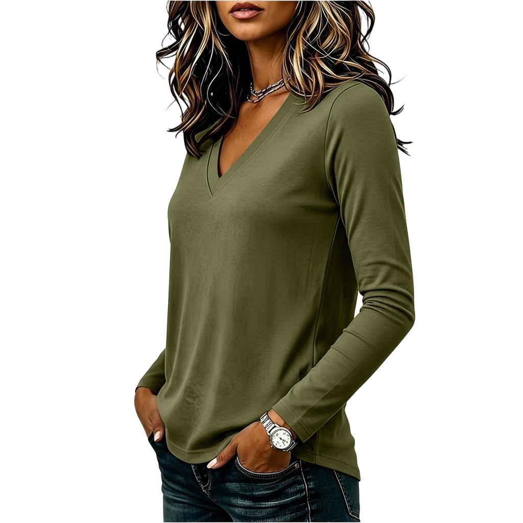 Top casual da donna a maniche lunghe, scollo a V, tinta unita, tessuto leggero, elastico, morbido, vestibilità comoda, per l'uso quotidiano