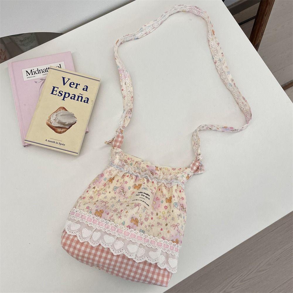 Floral Plaid Lace Shoulder Bags Cartoon Pattern Multicolor Drawstring Shoulder Bags Canvas Long Belt Crossbody Bag Daily Use