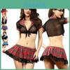 Stylish Women Sexy Costume Lingerie Student Uniform Set With Lace And Lattice Design