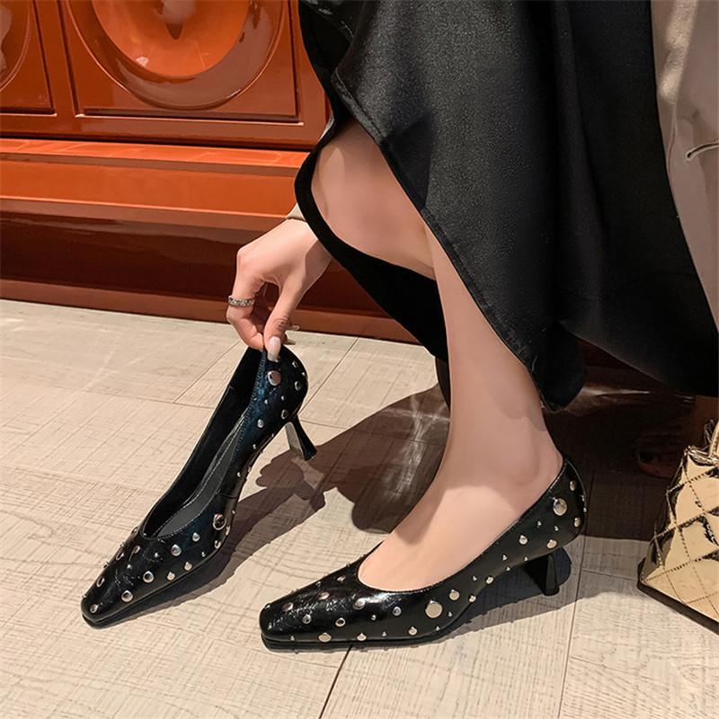 Fashion New Spring/summer Split Leather Shallow Shoes for Women Fashion Rivet Square Toe Women Pumps Breathable High Heels Black