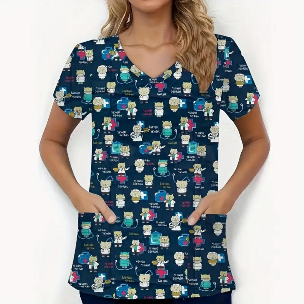 Surgical Uniforms Woman Dental Tool Patterns Health Care Scrub Uniform Fashion V-Neck Short Sleeve Tee Tops Oral Medical Clothes