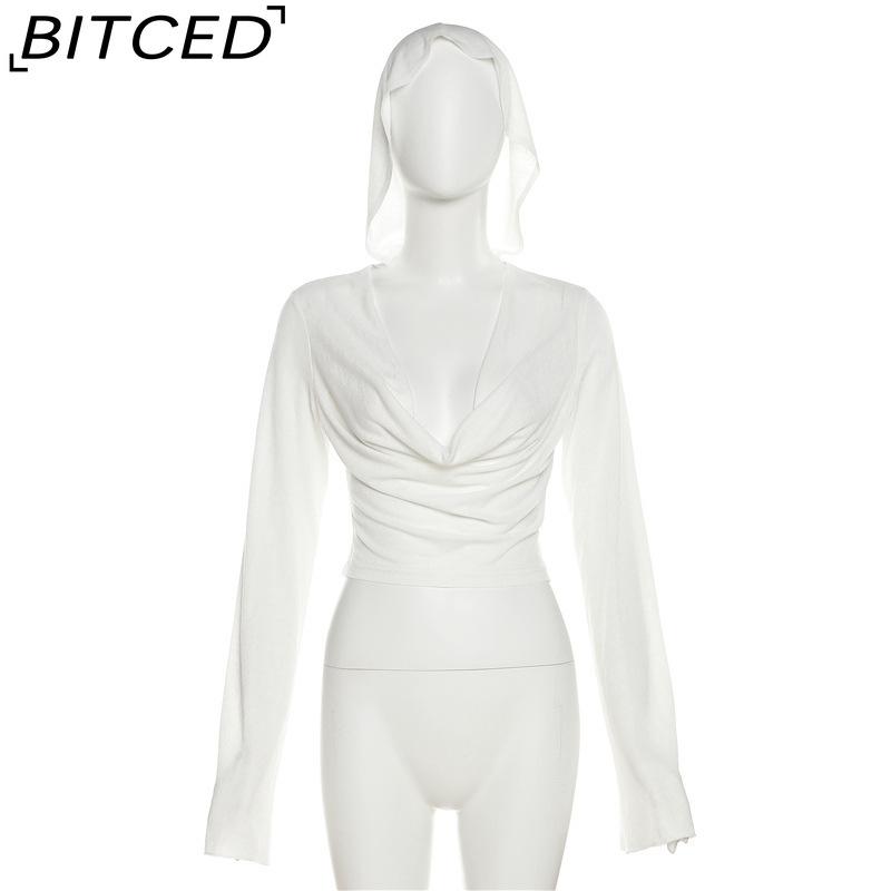 BITCED Spring Women's Solid-Color Slim-Fit Crop Top Fashion V-Neck Hooded Long-Sleeve Sun Protection Shirt