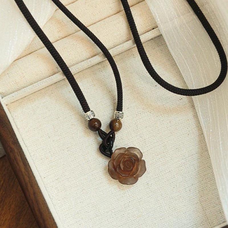 Collier Pendentif Boucle de Paix Fleur Camélia Perlé Style Chinois Chaîne Pull Bijou Cadeau