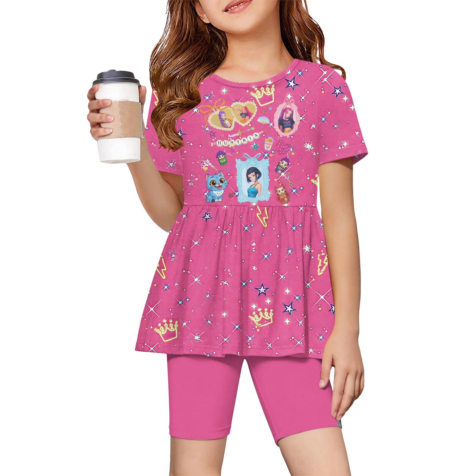 Girls Summer Outfit Short Sleeve Ruffle Hem Top and Shorts Set Cartoon Print Comfortable Lightweight Two Piece Clothing 100 фиолетовый