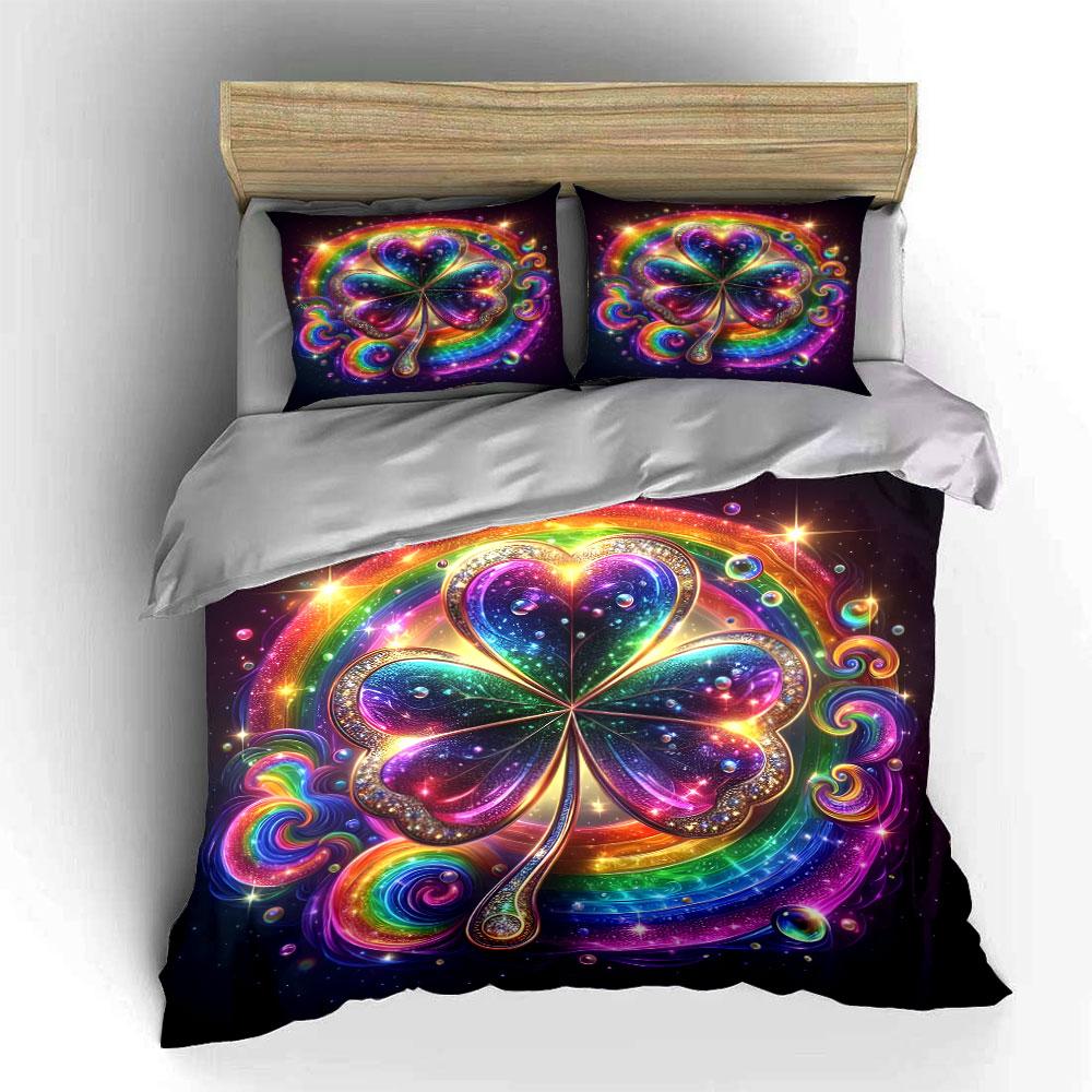 Glittering Rainbow Clover Design Bedding Duvet Cover Set (1*Duvet Cover 2*Pillowcases, Without Duvet Insert)