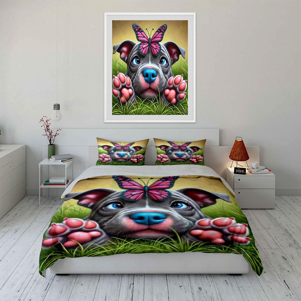 Dog Butterfly Decor Three-Piece Soft Comfortable Duvet Cover Bedding Set Included 1*Duvet Cover & 2*Pillowcases, Gift