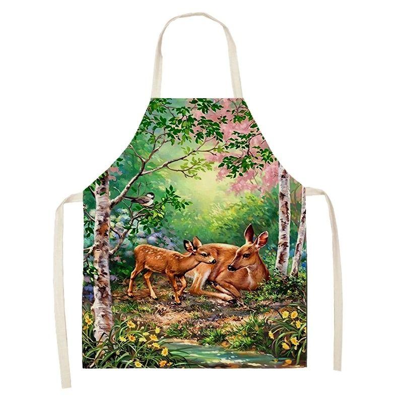 Natural Landscape Elk Pattern Apron Adult Sleeveless Kitchen Cleaning Home Chef Baking Waist Bib