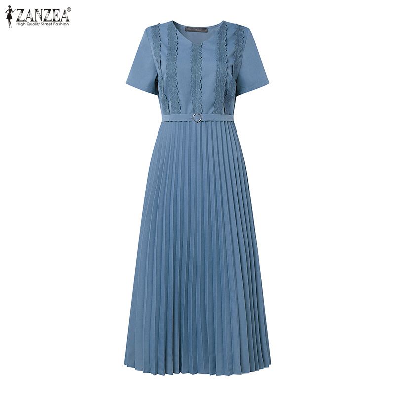 ZANZEA Women Casual V-Neck Solid Color Short Sleeve Pleated Dress