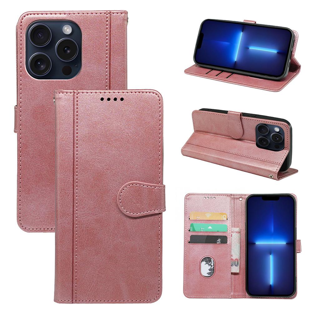 

For iPhone 13 Pro Case PU Leather Calf Texture Phone Cover with Card/Cash Slots Rose Gold