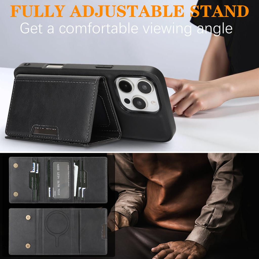 For iPhone 14 Pro Kickstand Case Tri-fold Card Bag PU Leather Coated TPU Cover Compatible with MagSafe