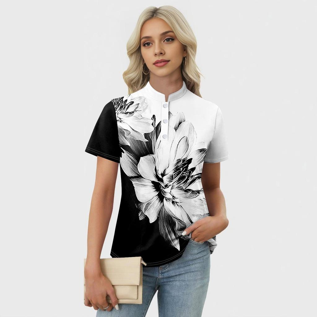 Women's Casual Floral Print V-Neck Short Sleeve Decorative Button T-Shirt Top