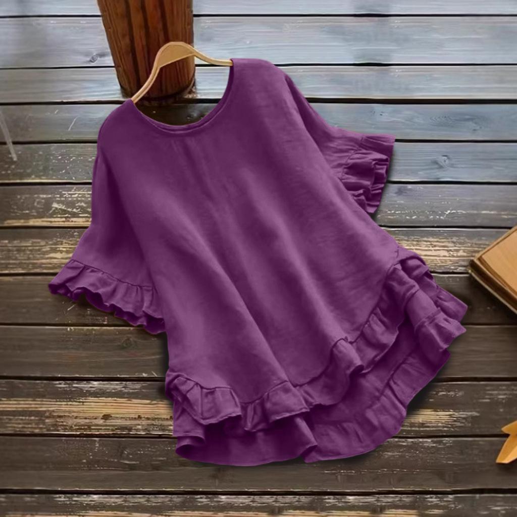 Women's Fashionable Plus Size Color Round Neck Ruffle Short Sleeved  Round Neck Loose Pullover Top