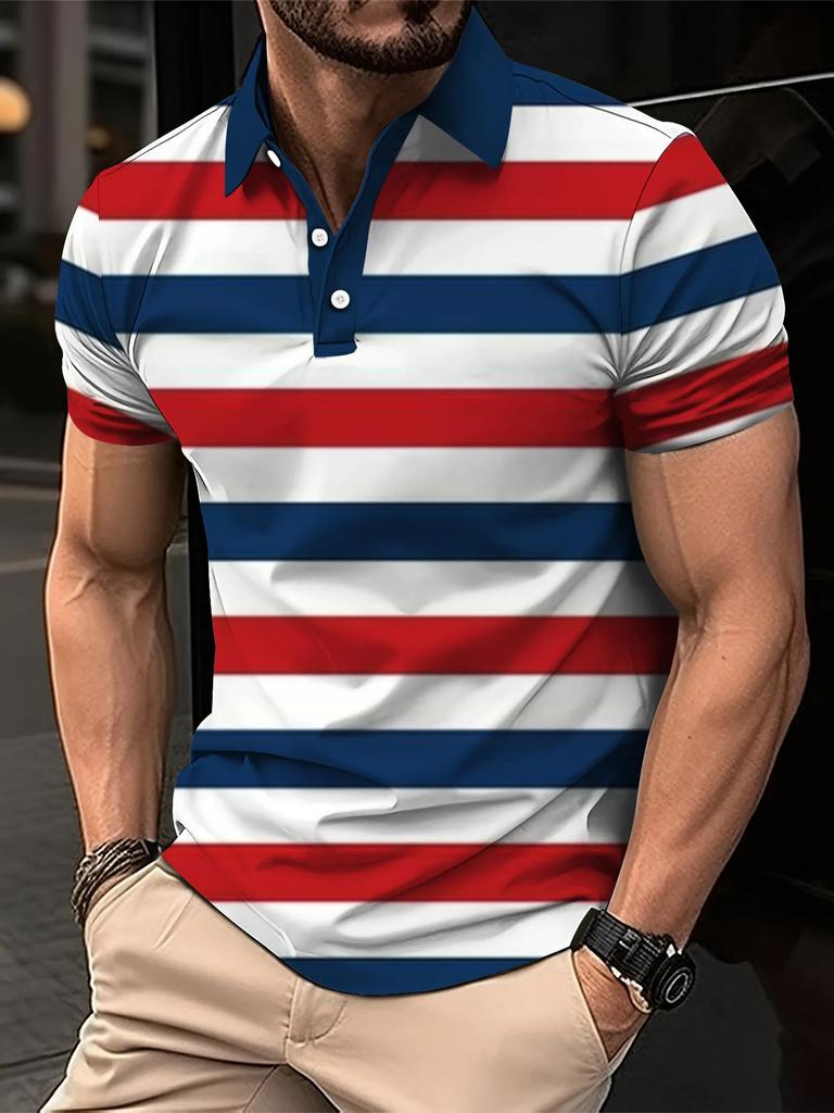 Men's Summer Short Clothes Sleeved Lapel 3D Digital Printed Striped Polo Shirt Men's Fashion Business Casual Top Clothes