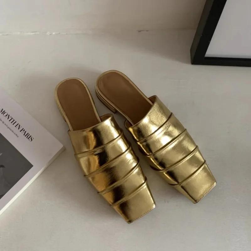 Women Slippers Flats Square Toe Sandals Woman Mules Casual Shoes 2025 Summer New Trend Dress Flip Flops Slides Zapatos De Mujer