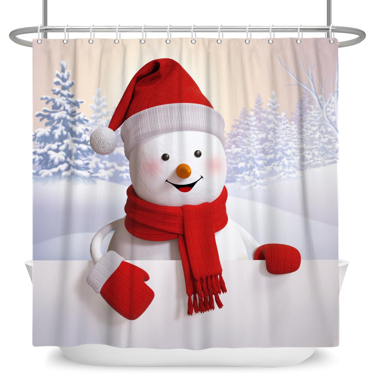 

Merry Christmas Snowman Shower Curtains Waterproof Bath Curtain Santa Claus Snowflake For Bathroom Home Decor With Hooks W60H190(CM)-1 Pcs