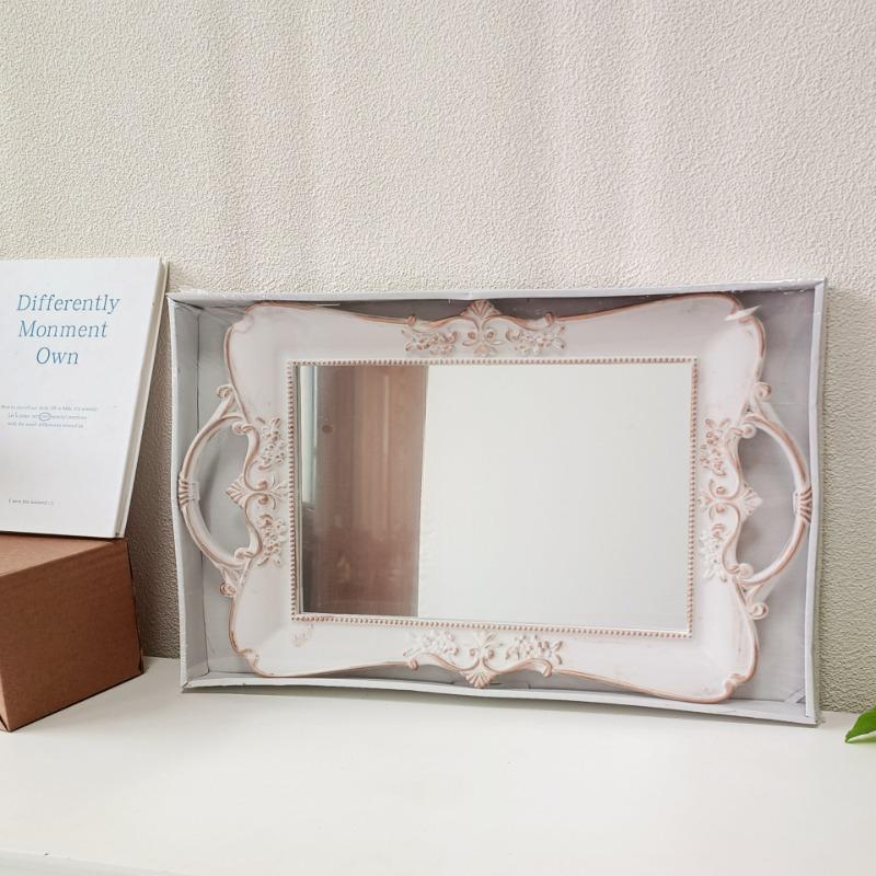 Französisches Retro Weiß Geprägtes Spiegel Tablett Wohnzimmer Tisch Tee Tablett Minimalistisches Kosmetik Schmuck Aufbewahrungstablett Hochzeitsdekoration