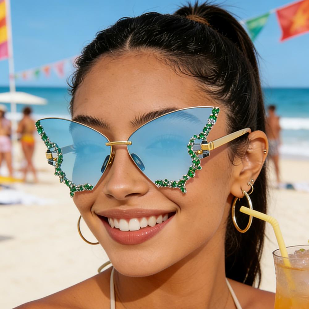 Attractive Glasses Women's Butterfly Shaped Rhinestone Sunglasses For Rimless Gradient Color Eyewear Trendy Fashion Sun Glasses For Party Kj164
