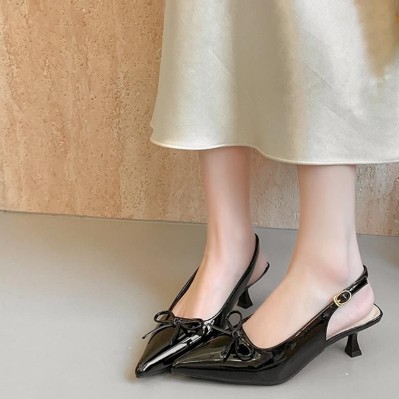 Fashion Low Heel Baotou Sandals Summer New Pointed Head Shallow Mouth Butterfly Knot Metal Buckle Non-slip Wear-resistant Heel Shoes