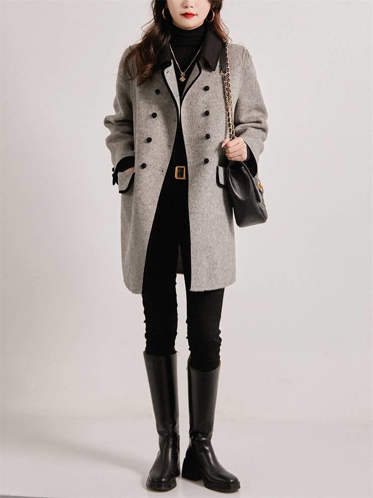 Women's Retro Double-Breasted Color Block Wool Coat - Mid-Length, Small Lapel, Spring/Autumn Fashion
