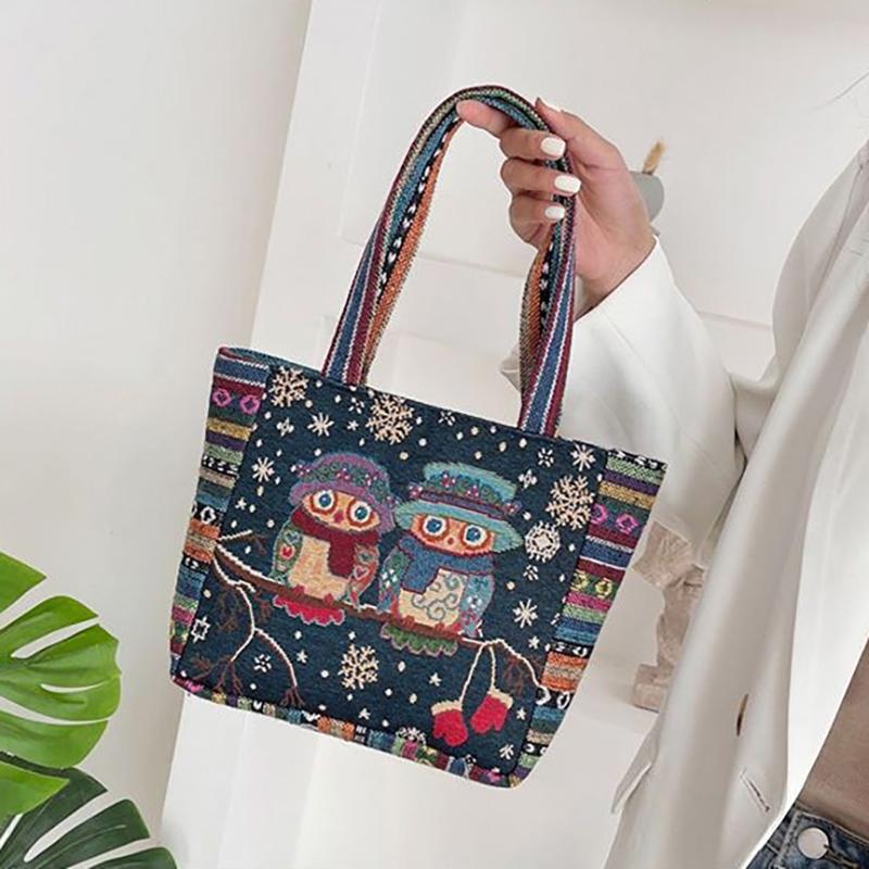 Ethnic Style Handbag Trendy Animal Embroidery Handbag Canvas Women Shoulder Bags Women Grocery Storage Pouch