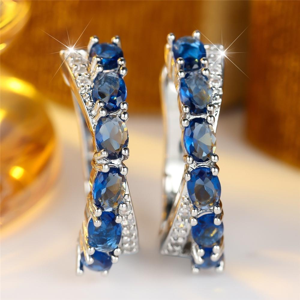 Elegant Female Big Oval Blue Zircon Stone Hoop Earrings Trendy Fashion Silver Color Wedding Jewelry For Women