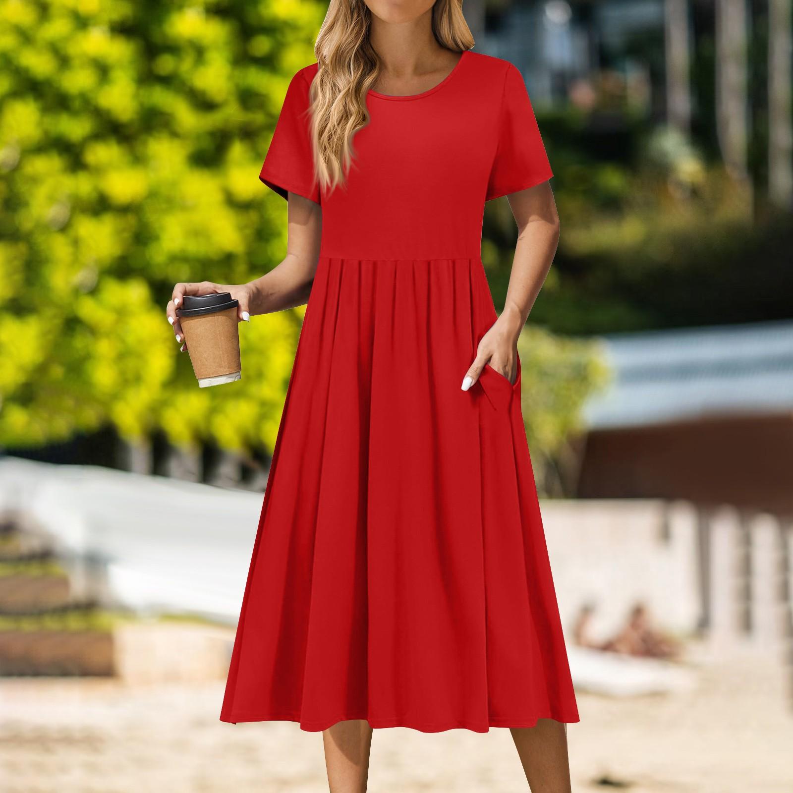 

Женское повседневное платье миди с круглым вырезом, классическое повседневное платье с коротким рукавом свободного кроя XXXL красный