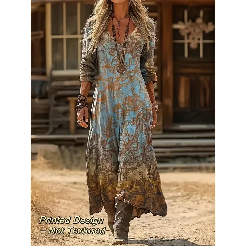 Creative Tie-dye Printing Women's New V-neck Long-sleeved Dress Medium and Long Dress