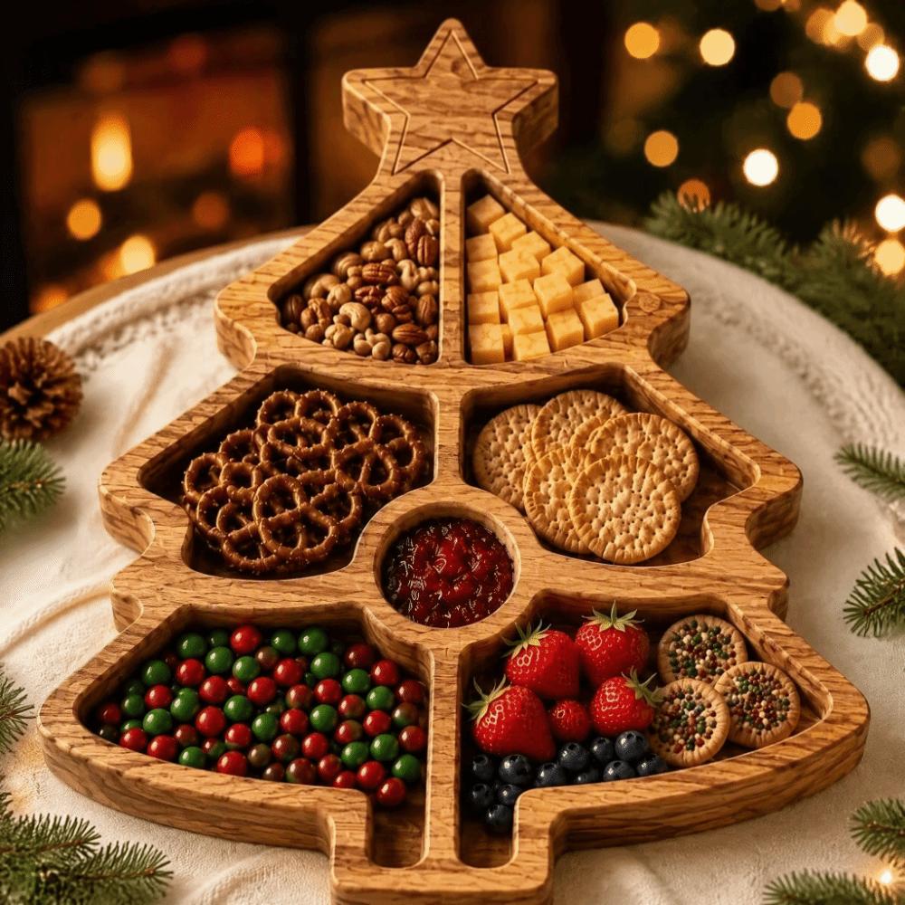 Hölzernes Weihnachtsbaum Serviertablett Nikolausform Wiederverwendbare unterteilte Snackplatte Unterteilte festliche Lebensmittelaufbewahrungsteller Silvester