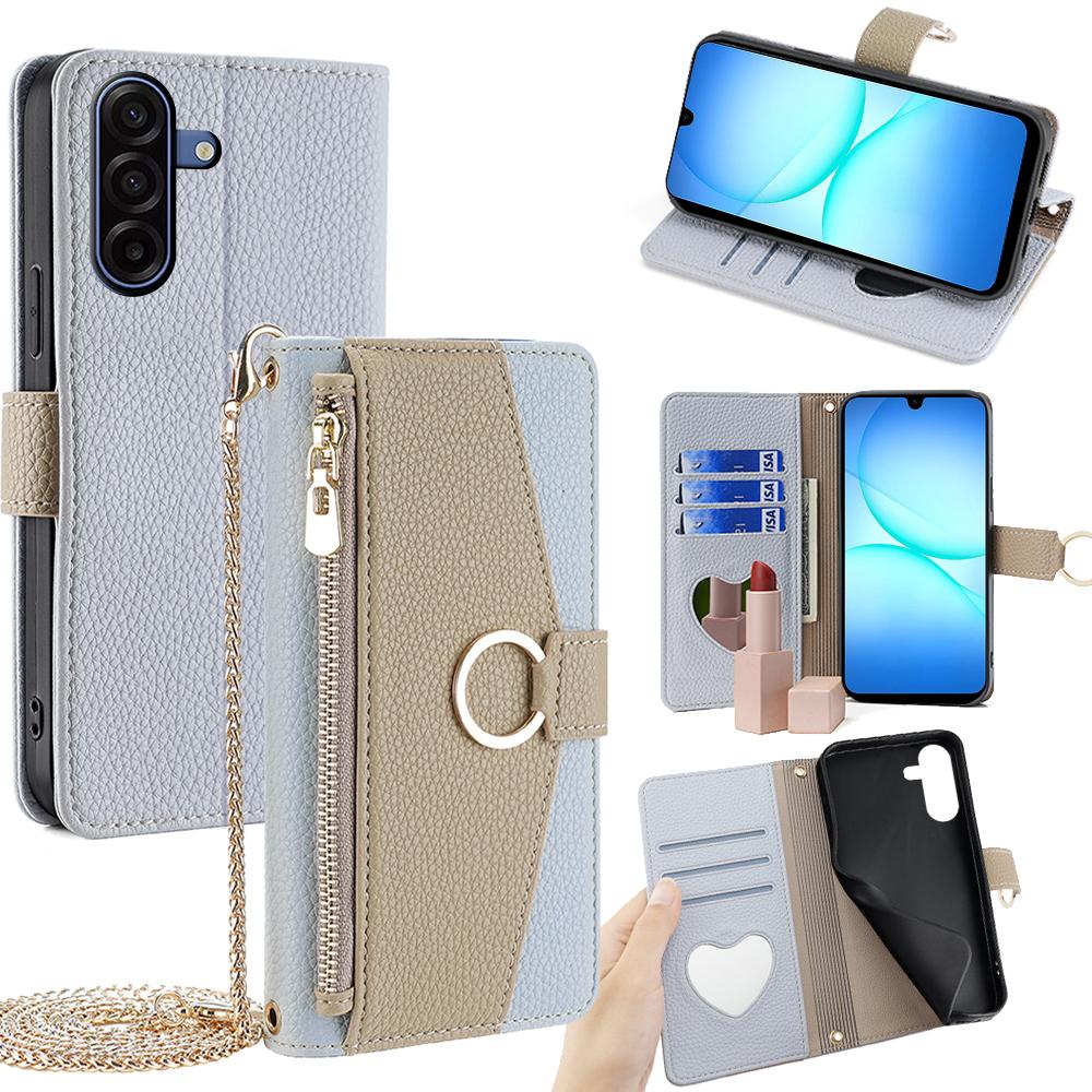 For Samsung Galaxy A17 5G Case Mirror Wallet Leather Phone Cover with Chain Shoulder Strap