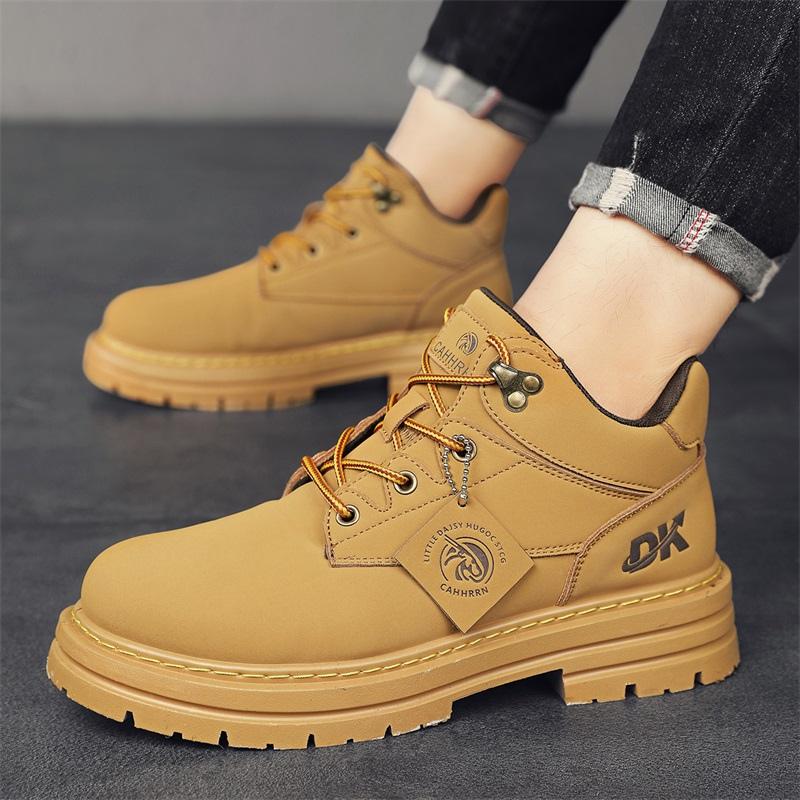 Herbst Winter Mode Gelbe Stiefel Männer Bequeme Schnürstiefel aus Leder Männer Casual Werkzeugschuhe Designer Motorrad Stiefelette
