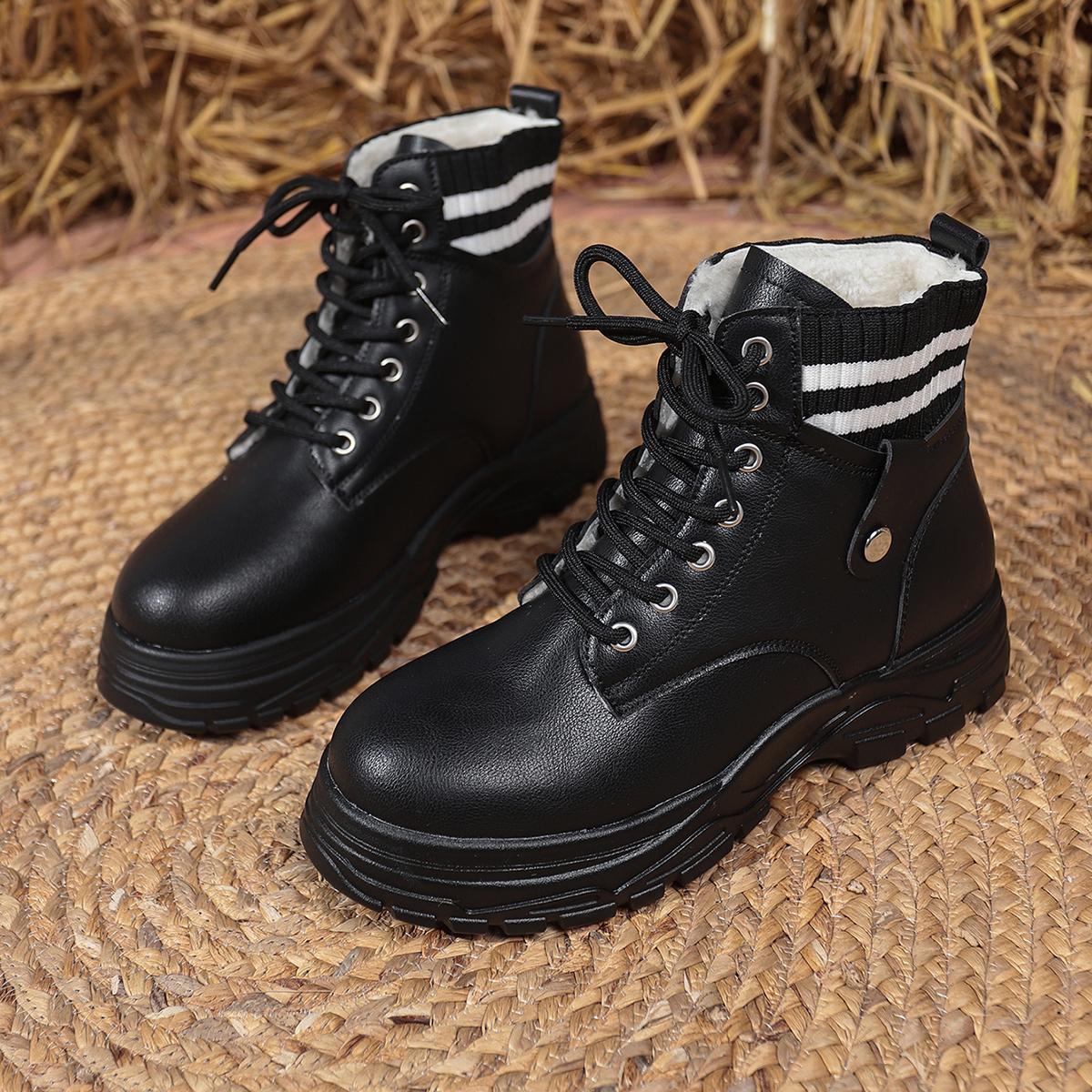 

Warm Short Plush Thick Bottom Ankle Boots Women Winter Punk Rivet Pu Leather Black Motorcycle Boots Lace Up Short Booties 43
