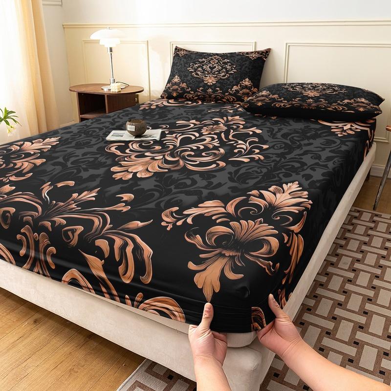 3pcs Black White Floral Digital Printed Fitted Sheet, for Home Bedroom Dormitory and Hotel Use (1 Fitted Sheet + 2 Pillowcases)